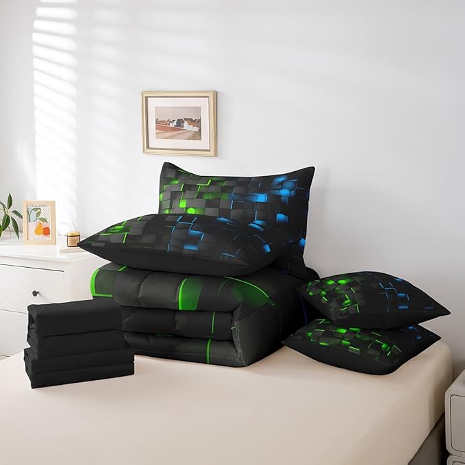 Feelyou Green and Blue Bedding Set Twin Size Kids Light Geometric Comforter Set with Sheets 7 Piece Bed in a Bag forModern Bed Set with Comforter,Sheets,Pillowcases,Cushion Covers