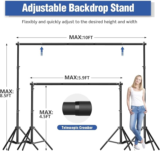 Heavy-Duty Backdrop Stand 10x8.5 ft, Upgrade Telescopic Adjustable Photography Backdrop Stand for Parties, Stage Decoration Stand with Clamps, Sandbags, Carring Bag