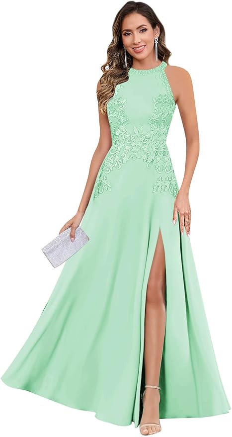 GUKARLEED Halter Lace Appliques Mother of The Bride Dresses for Women Long A-line Formal Wedding Guest Dress with Slit