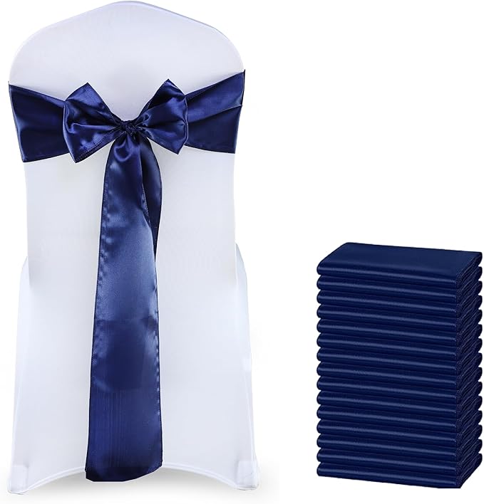 VDS Satin Chair Sashes Chair Cover Back Tie Sateen Bows Ribbon for Wedding Birthday Graduation Engagement Ceremony Event Party Banquet Venue Hotel All Dining Chair Decoration (100PC) (Navy Blue)