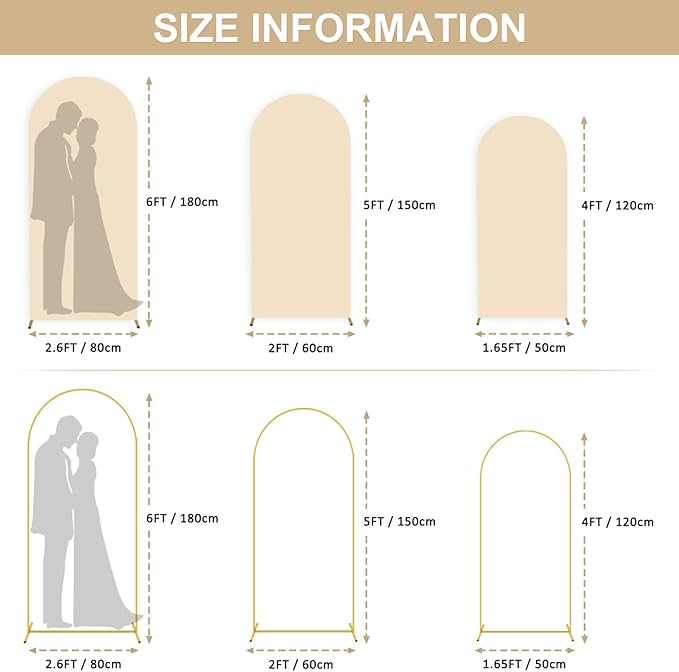 Set of 3 Metal Backdrop Stand with Beige Spandex Wedding Arch Cover 4FT 5FT 6FT Balloon Arch Stands Frame Fitted Arched Covers for Birthday Party Wedding Reception Garden Decor