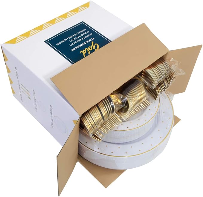 supernal 200pcs Gold Plastic Plates,Disposable Plates For Parties,Disposable Gold Plastic Silverware 40 Dinner Plates,40 Salald Plates,40 Knives,40 Forks,40 Spoons,Perfect for Birthday,Party,Wedding