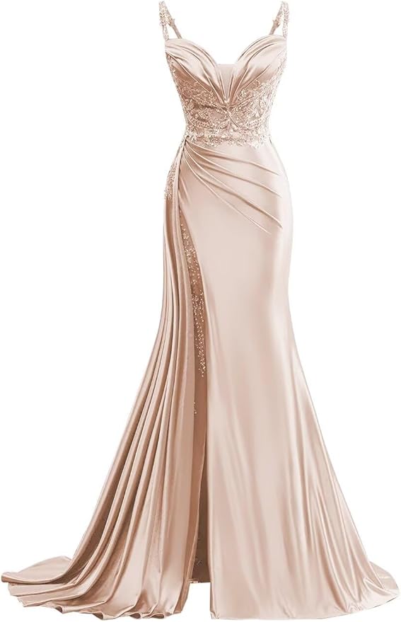 V Neck Satin Prom Dresses Long Mermaid Lace Evening Gown with Slit Pleated Bodycon Formal Dress with Tail