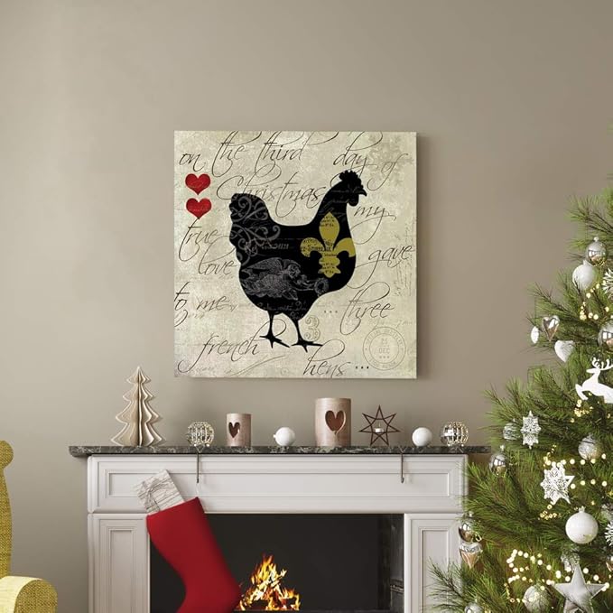 Renditions Gallery Twelve Days of Christmas Wall Art, Three French Hens, Cute Winter Artwork, Holiday Song Decor, Premium Gallery Wrapped Canvas, Ready to Hang, 32 in H x 32 in W, Made in America