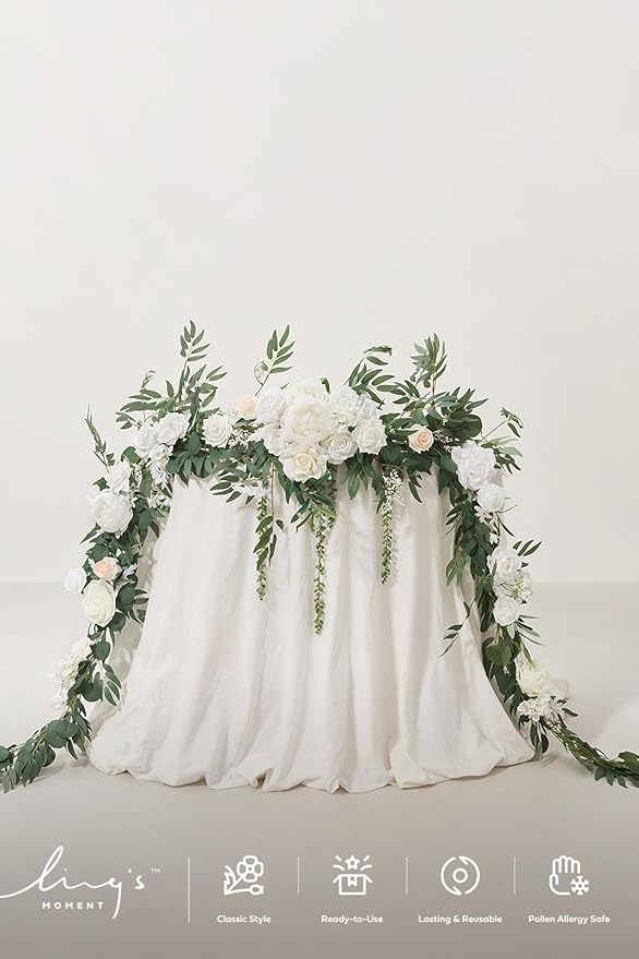 Ling's moment 9FT Spring Flower Garland for Backdrop Decorations - Wedding Arch Flowers, Eucalyptus & Rose, Artificial Floral Garland for Mantel - Sweetheart Table Decor for Reception, White & Sage