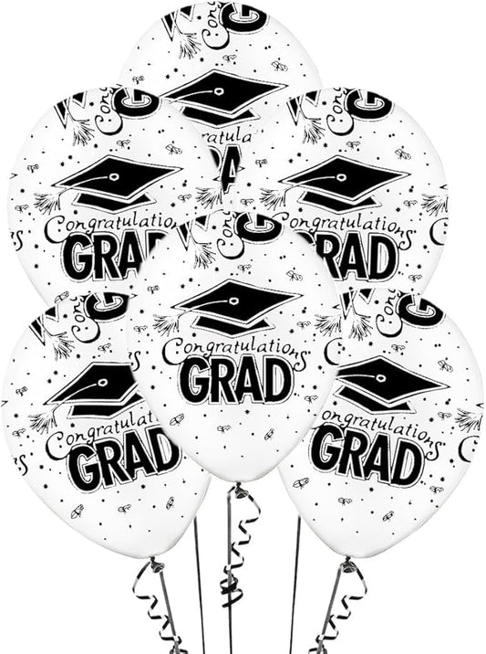 PMU White Graduation Balloons Class of 2025 with All-Over Print White Grad Caps-Confetti and Streamers | Graduation Party Supplies | Congratulations Grad Latex Balloons Latex