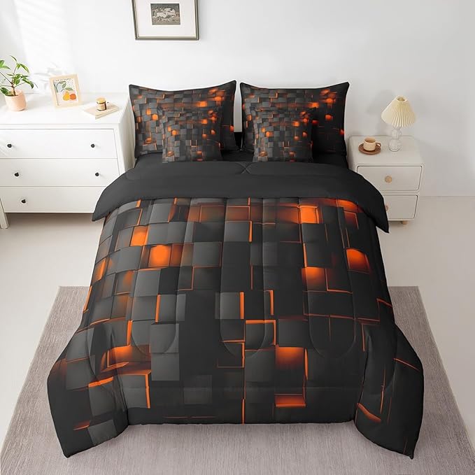 Feelyou Orange and Black Bedding Set Full Size Kids Light Geometric Comforter Set with Sheets 7 Piece Bed in a Bag forModern Bed Set with Comforter,Sheets,Pillowcases,Cushion Covers