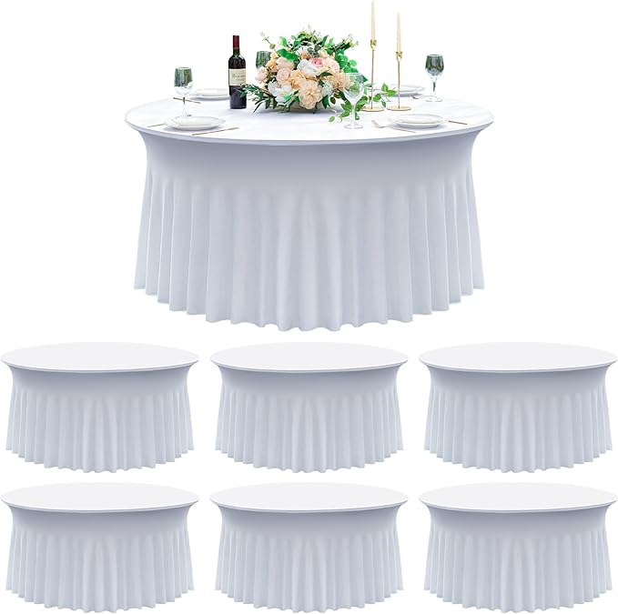 6 pk White Round Spandex Tablecloth for 60in Tables, Wrinkle Free Stretchy 120inch Fitted 5FT Table Cloths Round Table Covers with Skirt for Wedding Party Dining Banquet Events