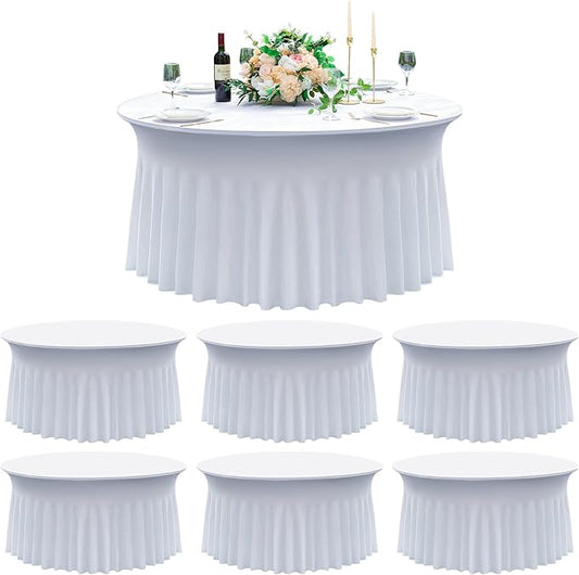 6 pk White Round Spandex Tablecloth for 60in Tables, Wrinkle Free Stretchy 120inch Fitted 5FT Table Cloths Round Table Covers with Skirt for Wedding Party Dining Banquet Events