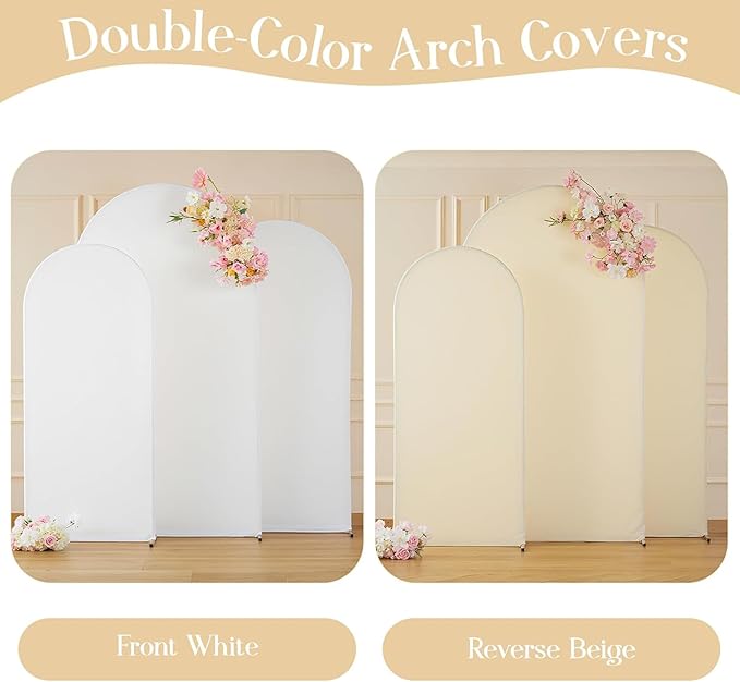 Beige and White Arch Backdrop Cover Set of 3 - Spandex Arch Covers 7.2FT 6.6FT 6FT Stretchy Fabric Backdrop for Wedding Ceremony, Bridal Baby Shower, Birthday Party, Photo Booth Background Decor