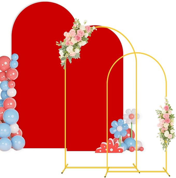Wedding Arch Backdrop Stand Set of 2 with Cover (7.2FT, 6FT) Gold Metal Balloon Arch Stand Stable Frame Red Arches Cover Chiara Arch Backdrop Stands Cover for Birthday Party Banquet Event Decor