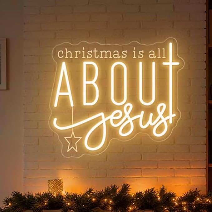 Christmas is All About Jesus Neon Sign,Jesus Christmas LED Neon Light,Religious Sign Size:18 x16 inches