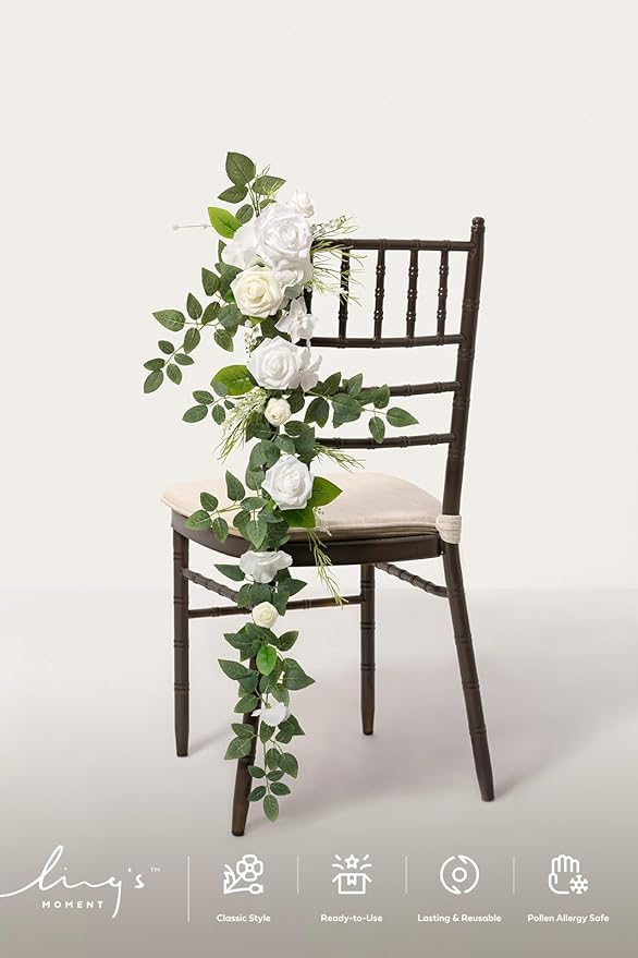 Ling's Moment 10pcs Wedding Chair Decorations Aisle Floral Swag Artificial Pew Flowers Hanging Garland Lily White & Olive For Ceremony Reception Church Rose Floral Faux Arrangement Party Outdoor Decor