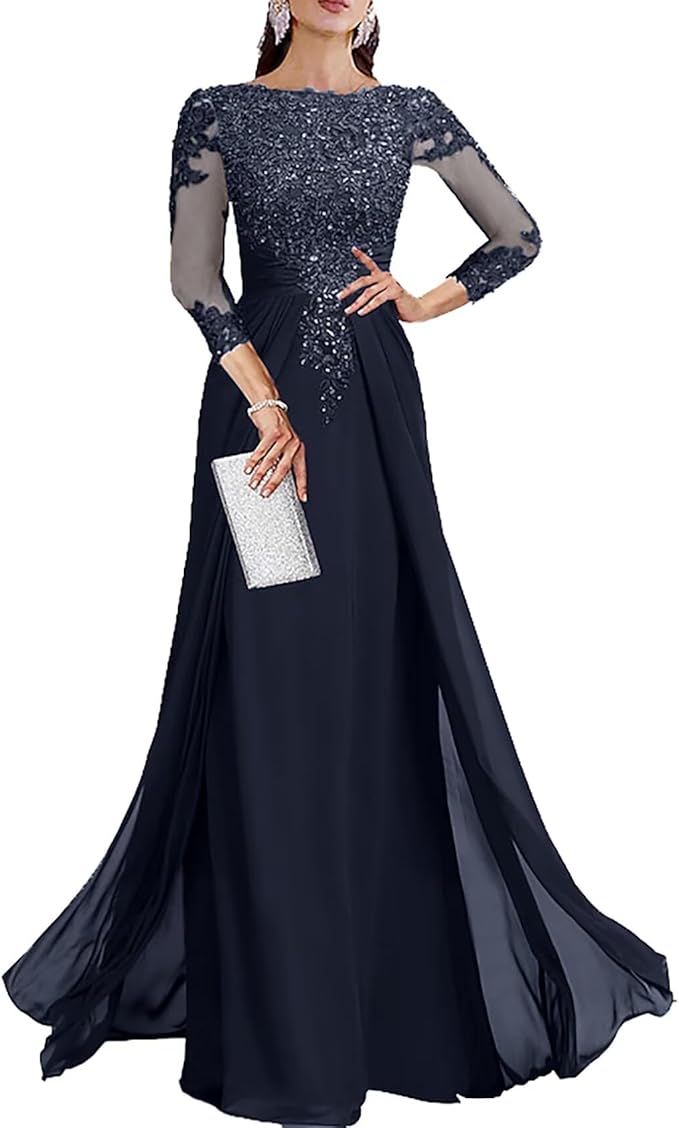 Long Sleeve Mother of The Bride Dresses for Wedding Lace Appliques Chiffon Formal Dress He6052