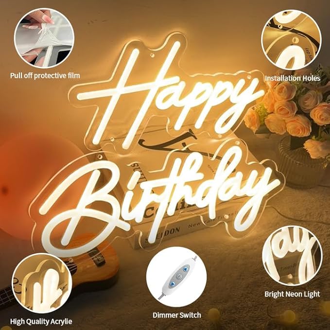 Happy Birthday Neon Sign, 31"x15"Happy Birthday Led Sign for Backdrop Party Wall Decor with Dimmable Switch - Brightness Adjustable 2PCS Happy Birthday Light Up Sign Party Decoration (USB Powered)