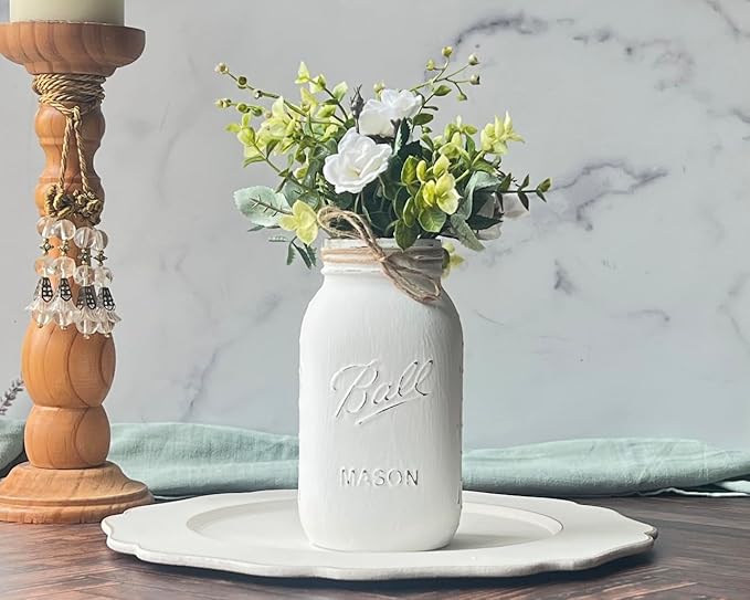 Wedding Centerpieces for Tables - White Mason Jars for Centerpieces for Table, Set of 5-32 oz Hand-Painted Mason Jars for Wedding, Baby Shower, Bridal Shower Centerpieces (5 White w/Greenery/Ivory)