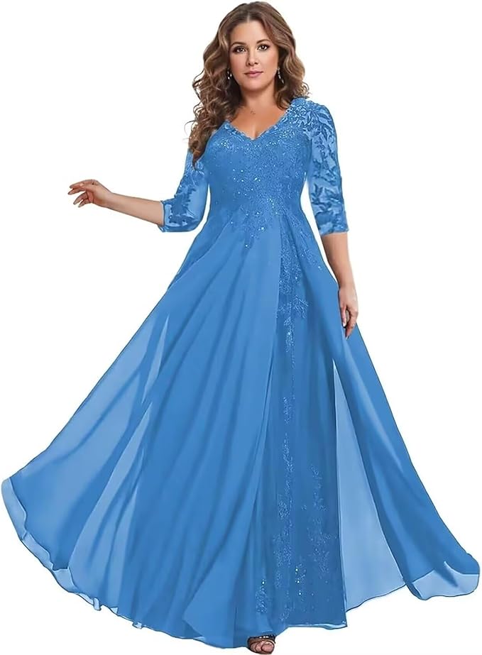 Long Sleeve Mother of The Bride Dress for Wedding Chiffon Lace Applique Formal Gowns BOF163