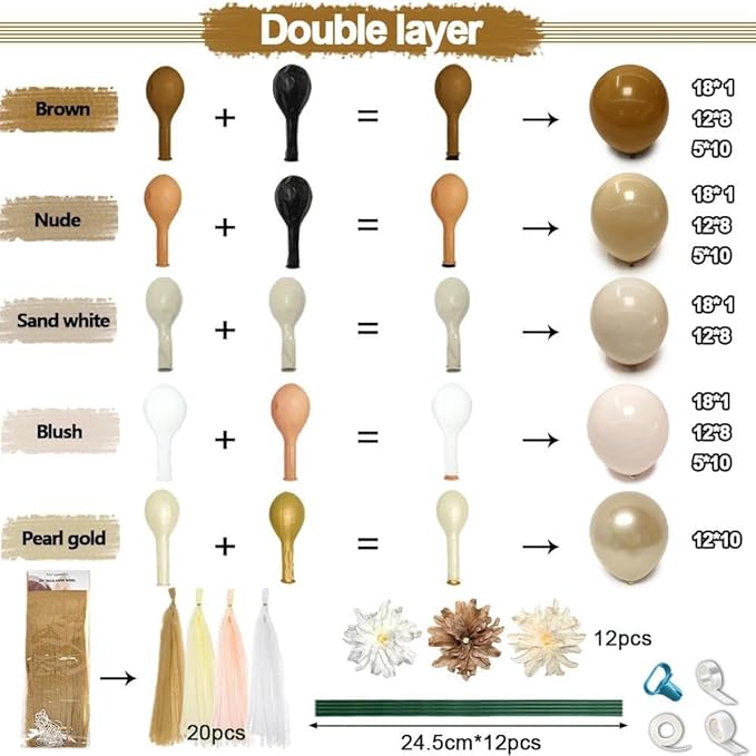 Neutral Balloon Arch Garland Kit - Double Stuffed Brown Nude Beige Cream Gold Balloons with 12pcs Artificial Flowers & 20pcs Tissue Tassels for Birthday Bear Baby Shower Party Decoration