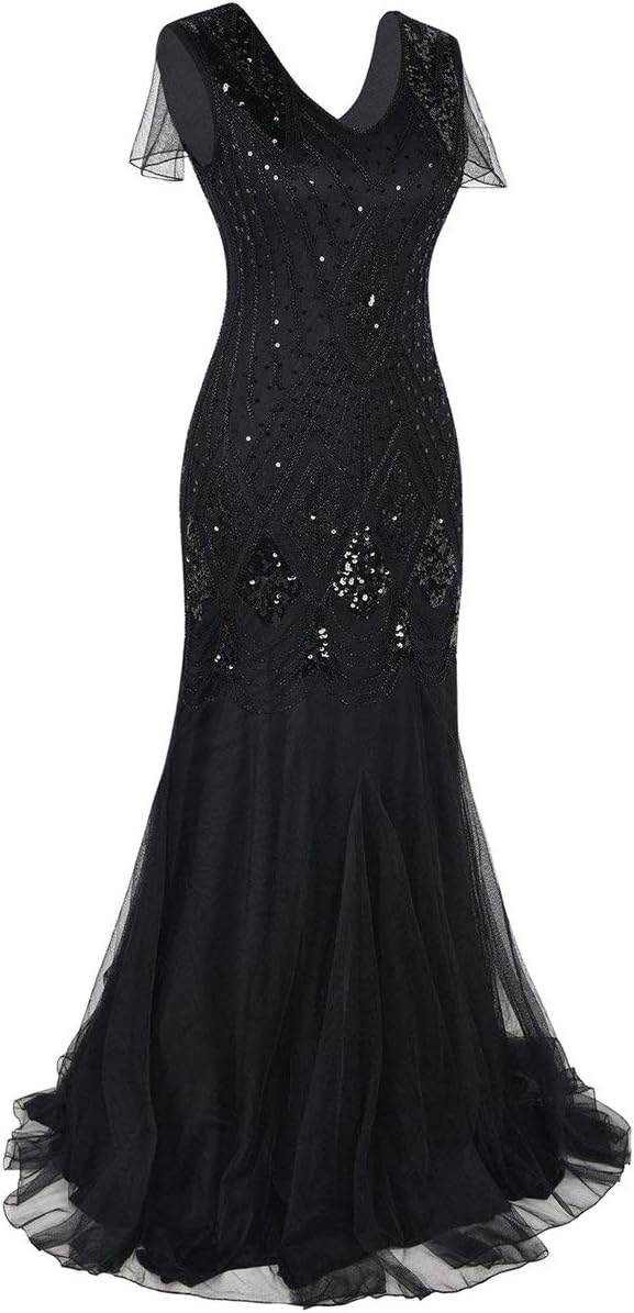 Women Vintage 1920s Gatsby Flapper Evening Party Dress V Neck Art Deco Sequins Mermaid Hem Cocktail Formal Long Maxi Gown