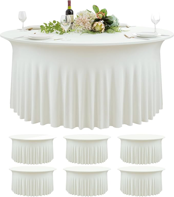 6 Pack Ivory Spandex Round Tablecloths for 60 inch Tables, Wrinkle Free Stretchy Fitted 120inch Round Table Covers 5FT with Ruffle Table Skirt for Wedding Party Dining Banquet Dinning