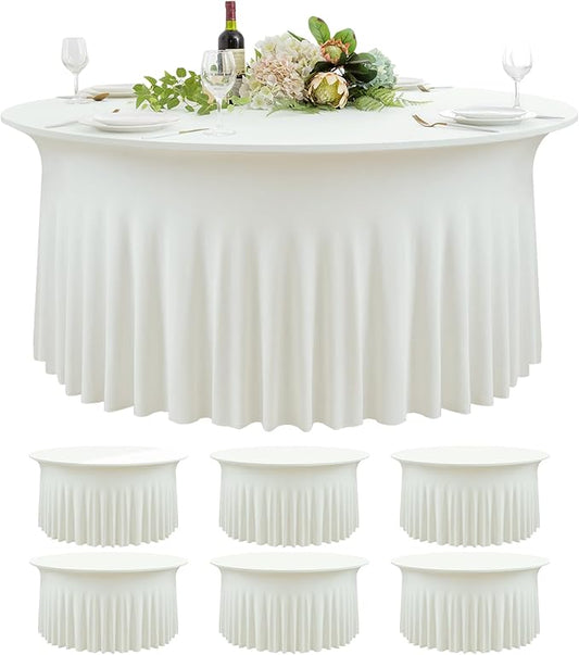 6 Pack Ivory Spandex Round Tablecloths for 60 inch Tables, Wrinkle Free Stretchy Fitted 120inch Round Table Covers 5FT with Ruffle Table Skirt for Wedding Party Dining Banquet Dinning