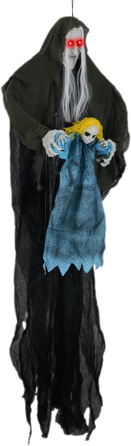 BECOMFORT 6.1 FT Hanging Animatronic Halloween Decoration, Sound-Activated Hanging Witch with Spooky Sounds, Glowing Eyes & Bending Arms, Animated Halloween Props for Indoor & Outdoor