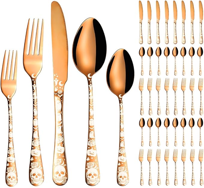XIAOYU 40 Piece Halloween Gothic Skull Pattern Silverware Set, Stainless Steel Flatware Set for 8, Tableware Cutlery Set with Unique Skull Design, Perfect for Halloween Easter and Christmas, Rose Gold