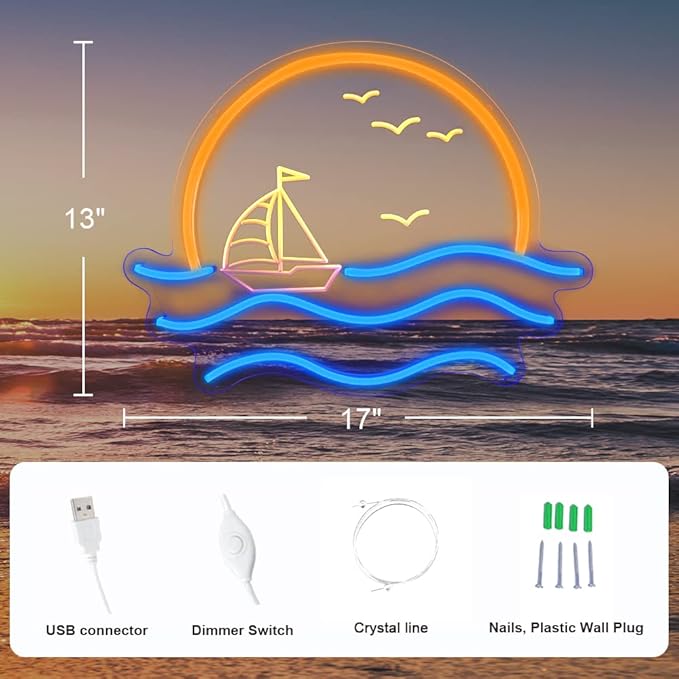 Sunset Neon Sign for Bedroom, Sunrise & Sunset at Sea Neon Light Sign for Wall Decor, 5V Sailboat Neon Sign for Living Room Bar Office, Housewarming Gift, 17x13 IN by JXIN