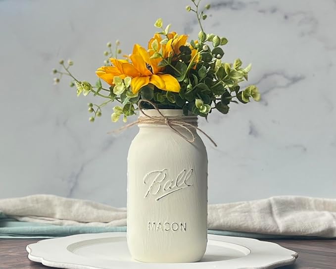 Sunflower Mason Jar Centerpieces - Sunflower Table Decor Centerpieces - Set of 5-32 oz Hand-Painted Mason Jars with Faux Sunflower Wedding Centerpieces (5 Ivory w/Greenery/Sunflower)