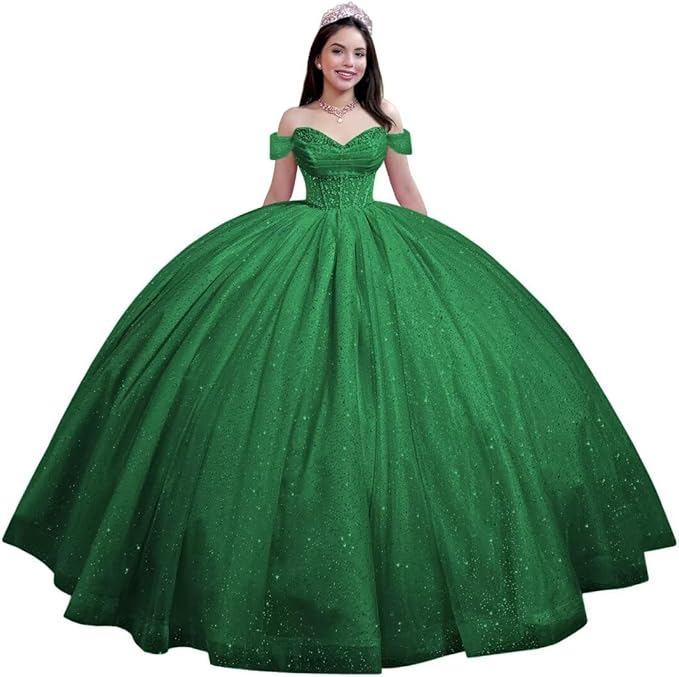 Youjiayi Glitter Tulle Quinceanera Dresses with Train Off Shoulder Beaded Sweet 16 Dresses Pleated Long Ball Gown for Women