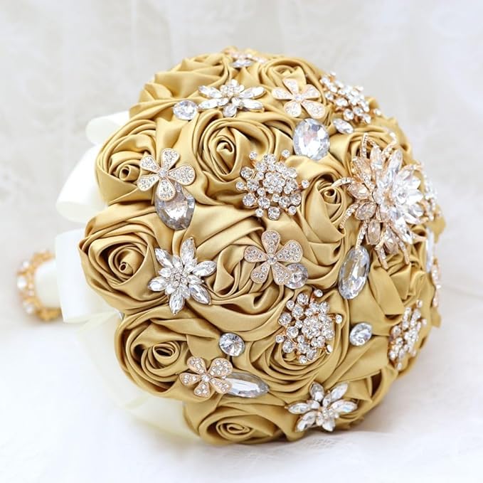 Gold Wedding Bouquet Handmade with Luxury Brooch Bling Rhinestone for Bride Bridesmaid Quinceanera Bouquet Satin Rose Flower Bouquet Wedding Gold 9.8in