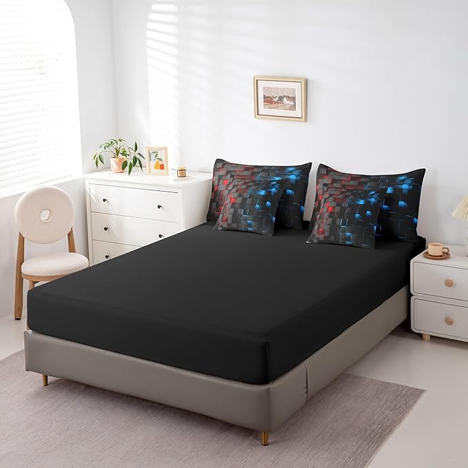 Feelyou Red and Blue Bedding Set Full Size Kids Light Geometric Comforter Set with Sheets 7 Piece Bed in a Bag forModern Bed Set with Comforter,Sheets,Pillowcases,Cushion Covers
