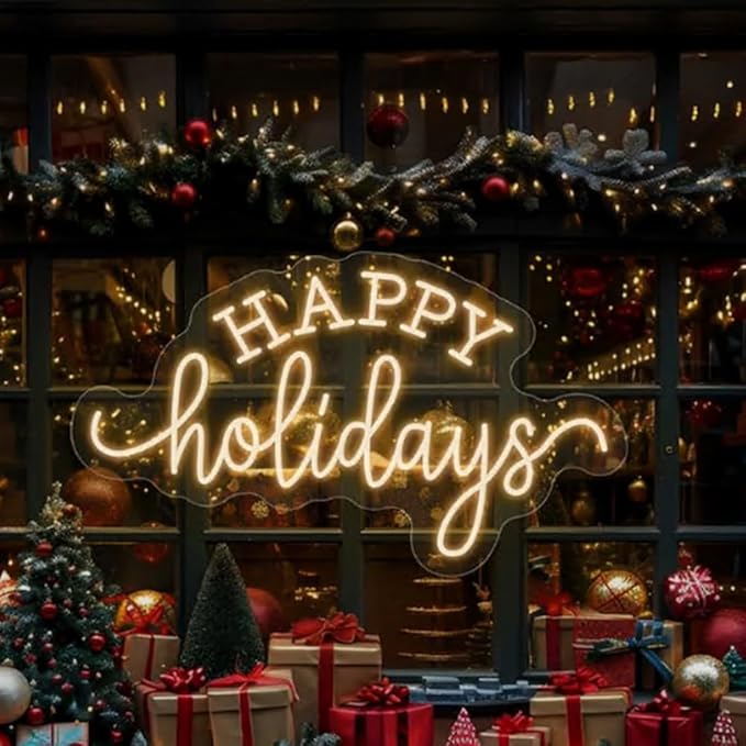 Happy Holidays Neon Sign, Custom Merry Christmas LED Neon Light Home Bar Shop New Year Holidays Festival Party Wall Art Decor Christmas Gift Size:H11 x W20 inches