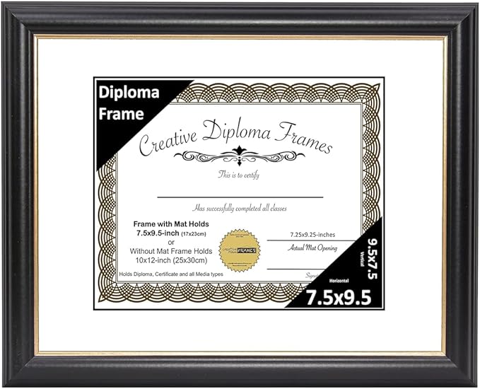 Creative Picture Frames 7.5" x 9.5" Rockefeller Black w/Gold Rim Diploma Frame, Displays 7.5" x 9.5" Certificate or 10" x 12" Document w/o Mat, College Degree Frame, Full-Strength Glass, White Mat