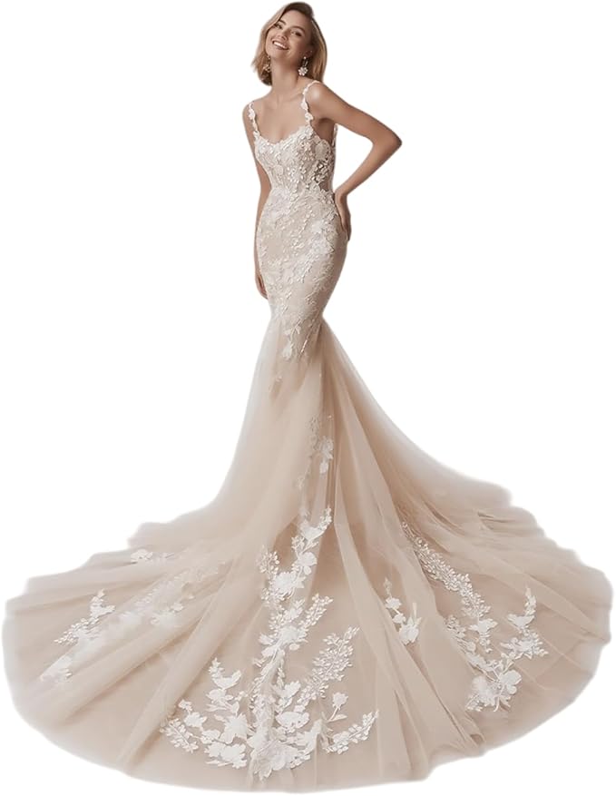 Zeeyecie Mermaid Tulle Wedding Dresses Lace Applique Corset V-Neck Sparkly Bridal Gowns with Train for Brides