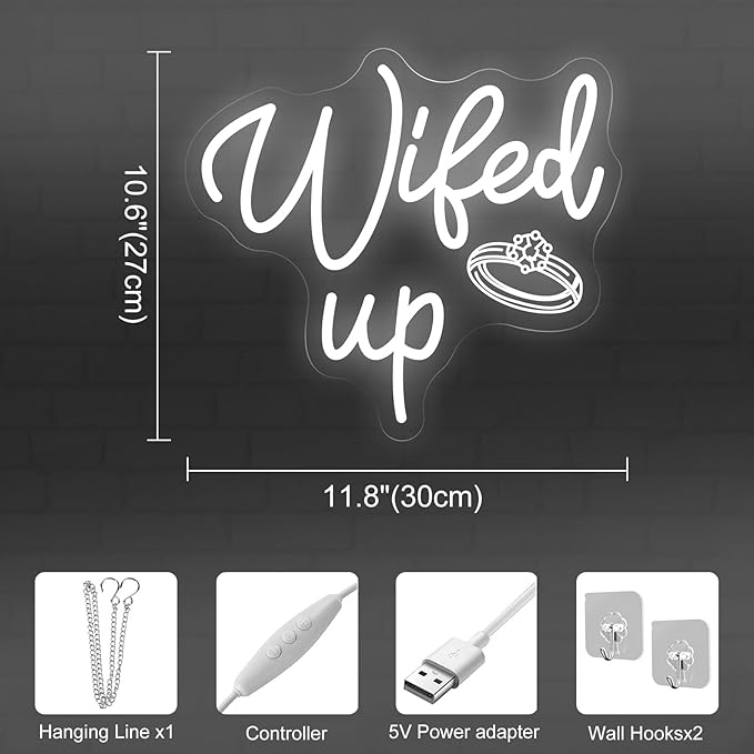 Wifed Up Neon Sign, Funny Romantic LED Light with Engraving Ring for Valentine's Day, Wedding Decor Sign, Bedroom, Party Decor, Couple Space 11.8″ × 10.6″
