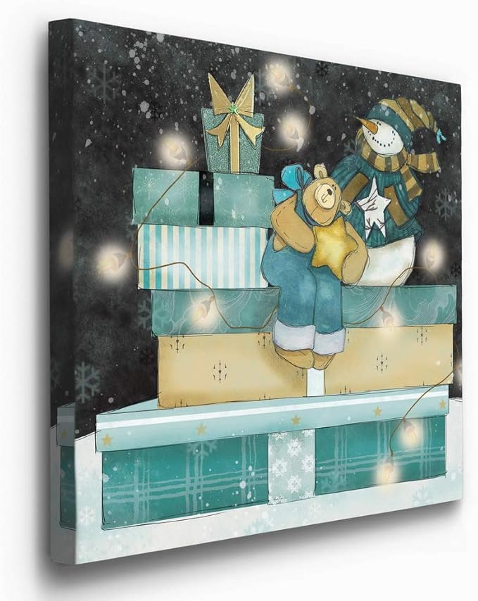 Renditions Gallery Snowman and Teddy Bear (1) Wall Art, Christmas & Winter Decor, Cute Pile of Presents, Premium Gallery Wrapped Canvas, Ready to Hang, 24 in H x 24 in W, Made in America