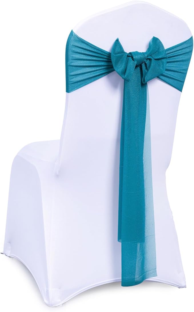 VDS Pack of 50, Dark Teal, Sheer Chiffon Chair Sashes Bows Chair Cover Back Tie Ribbon for Wedding Birthday Baby Shower Engagement Ceremony Event Party Banquet Restaurant Dining Chair Decoration