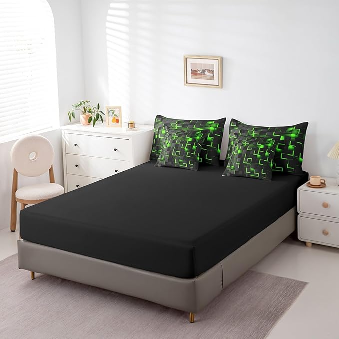 Feelyou Green and Black Bedding Set King Size Light Geometric Comforter Set with Sheets 7 Piece for Kids Boys Decor Bed in a Bag Modern Style Bed Set