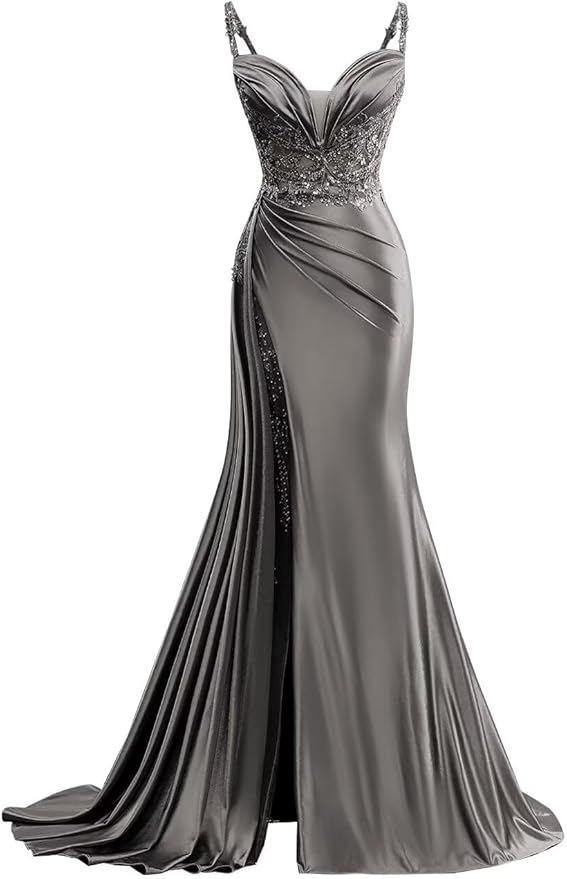 V Neck Satin Prom Dresses Long Mermaid Lace Evening Gown with Slit Pleated Bodycon Formal Dress with Tail