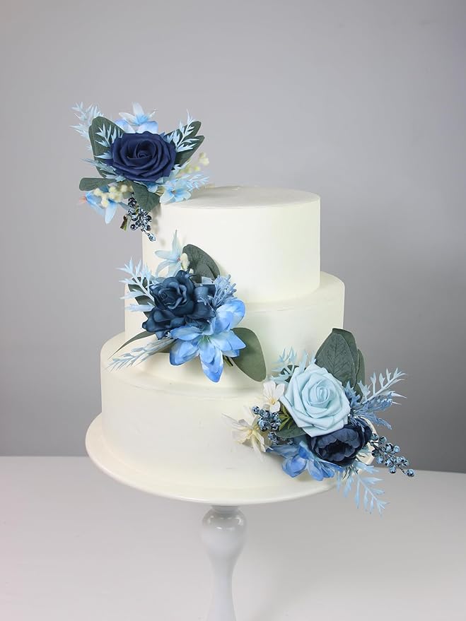 Rinlong 3Pcs Pre-made Cake Flowers Navy Blue Cake Decorations Wedding Cake Decorating Flowers Decor Birthday Baptism Party Artificial Flowers Cake Toppers