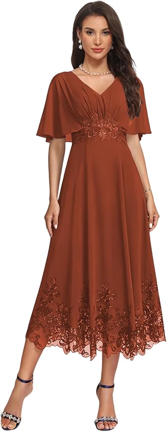 Tea Length Mother of The Bride Dress with Sleeves Laces Formal Evening Gowns for Wedding V Neck Wedding Guest Gown ZMX37