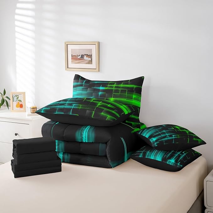 Feelyou Green and Blue Comforter Set with Sheets 7 Piece Full Size Kids Geometric Bed in a Bag Strip Lines Bedding Set Abstract Art Bed Set with Comforter, Sheets,Pillowcases,Cushion Covers