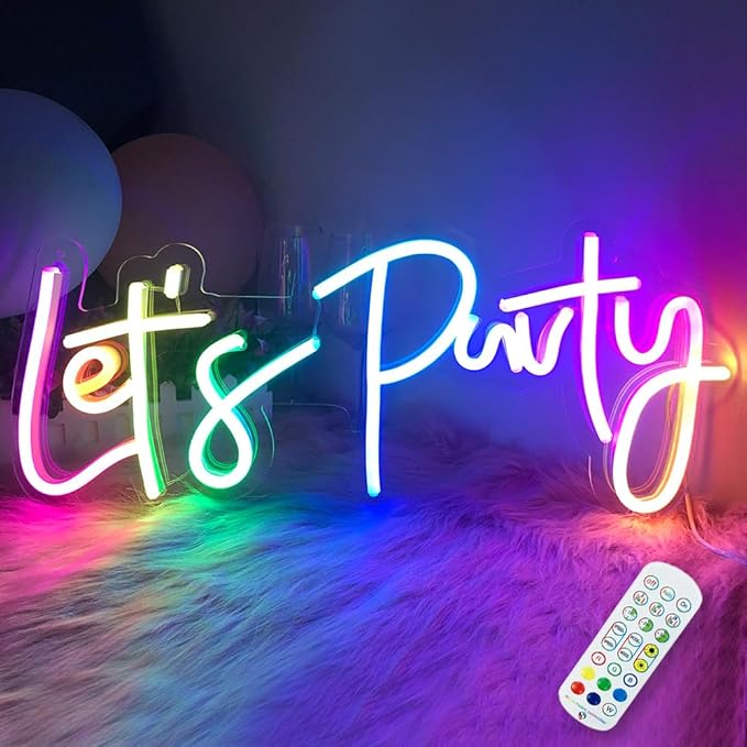 JXIN Colorful Lets Party Neon Sign for Wall Decor, Let's Party Sign for Birthday Wedding Party, Color Changing Light with Remote, Music Sync, Timing & APP Control, Gifts for Loved Ones, 23"x10"