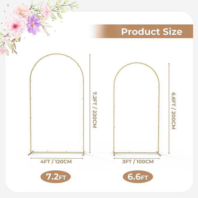 Babenest Gold Arch Backdrop Stand Set of 2, 6.6FT/7.2FT Metal Arch Wedding Stand, Balloon Arch Frame for Ceremony Birthday Party Bridal Baby Shower Banquet Decoration (7.2FTx4FT,6.6FTx3FT)