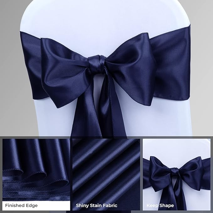 Babenest Satin Chair Sashes Ties Upgraded 50 pcs Chair Ribbons Bows for Wedding Banquet Party Christmas Baby Shower Events Decoration (Navy Blue)