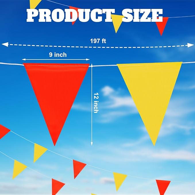 Preboun 197FT Pennant Banner Flags High Visibility Safety Marking Flags Traffic Resistant Warning Signs Rooftop Flagging for Roadwork, Hazard Areas, Construction Sites(9 x 12 Inch,Red and Yellow)