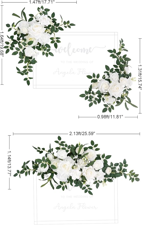 2pcs White & Green Deluxe Welcome Sign Artificial Flowers Wedding Backdrop Garland Hanging Floral Arrangements for Ceremony Reception Entryway Board Sweetheart Table