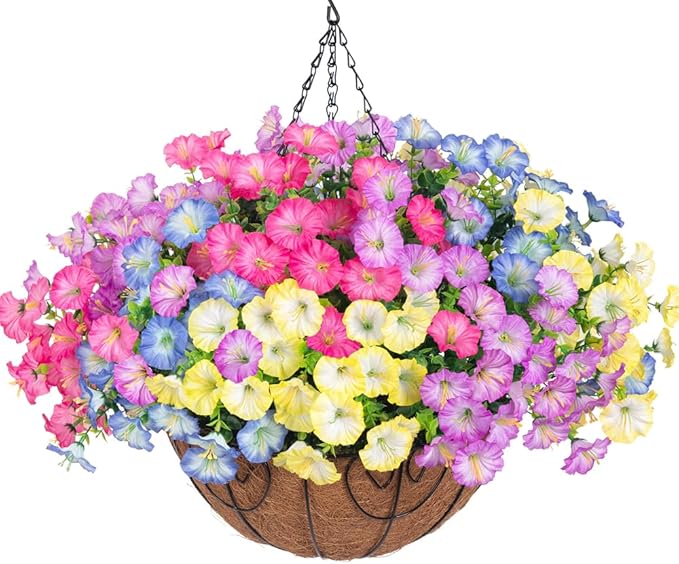 Artificial Fake Hanging Flowers Baskets for Outdoors Faux Plants Spring Outside Decor, UV Resistant Silk Morning Glory Flowers in Planter Realistic Petunias for Outdoor Porch Patio Garden Yard Home