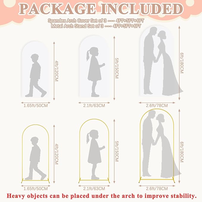 Metal Arch Backdrop Stand Set of 3 With Cover 6FT, 5FT, 4FT Gold Metal Balloon Arch Stand White Spandex Arch Backdrop Cover Wedding Arched Frame for Graduation Birthday Reception Garden Decor